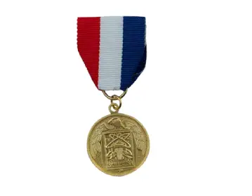 Gold medal award with red, white and blue ribbon