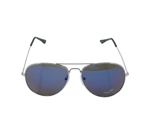 Silver-framed aviator sunglasses with blue mirrored lenses